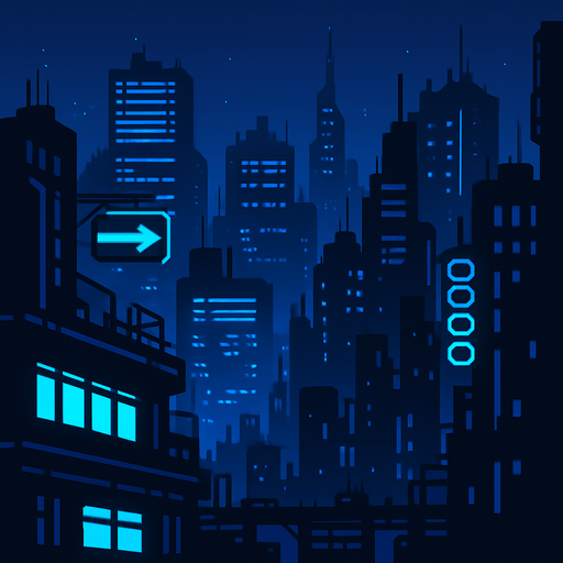cyberpunk city for back ground. Dark blue
In-Game asset.  2d.  High contrast.  No shadows