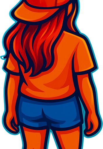 A young woman with long hair and shorts.