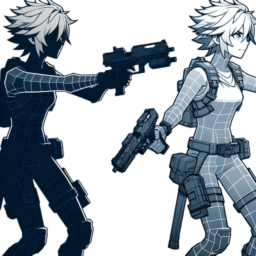a cool player with gun seeing left size.
Single Game Texture. In-Game asset. 2d. Blank background. High contrast. No shadows.