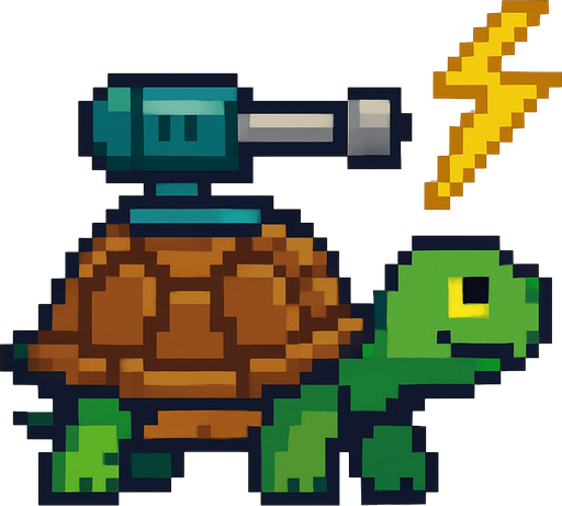 a turtle with a lightning bolt gun on her shell, pixelart.
In-Game asset.  2d.  High contrast.  No shadows