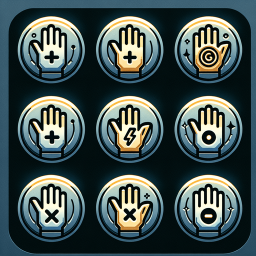 create a sprite sheet of 6 buttons, the first hand icon with a +, hand icon with an electricity icon, another with a golden hand, another with a hand and an ×, and one with a hand icon, written max.
Single Game Texture.  In-Game asset.  2d.  Blank background.  High contrast.  No shadows
