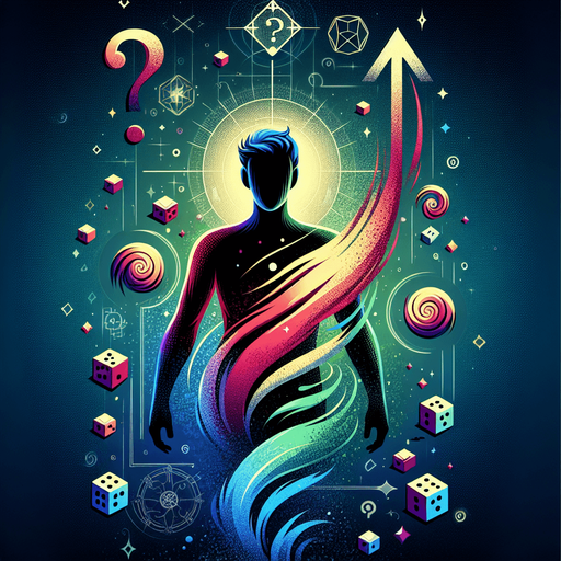 A silhouette of the hero glitching or flickering between different colors or slightly different forms. Could also be an upward arrow surrounded by swirling question marks or dice symbols..
Single Game Texture.  In-Game asset.  2d.  Blank background.  High contrast.  No shadows