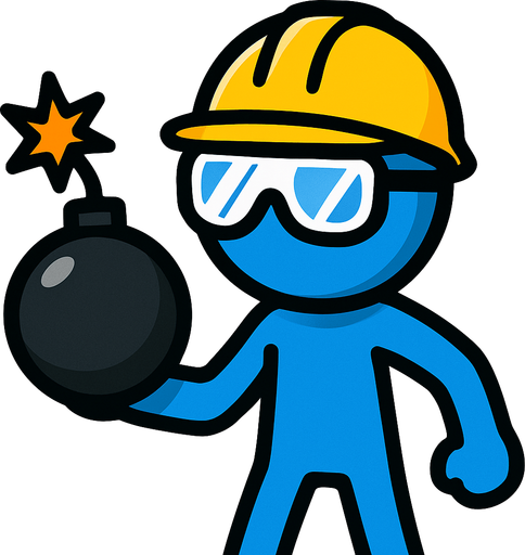 Blue stickman with safety goggles, yellow safety helmet and a bomb.
In-Game asset.  2d.  High contrast.  No shadows