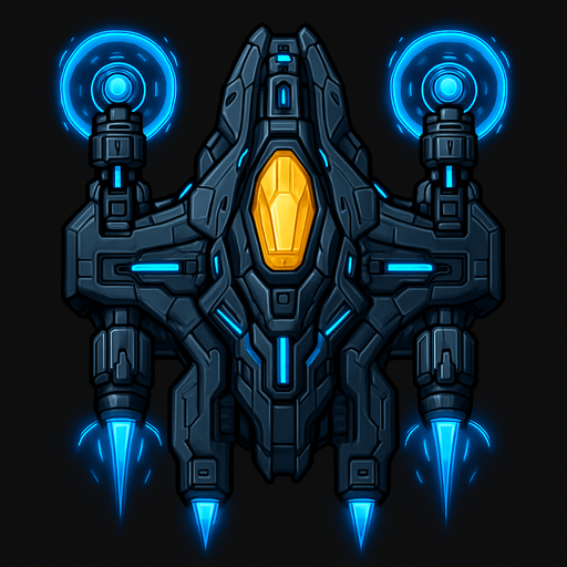 Transform the ship into a high-tech 2D top-down spacecraft. Add shield emitters with rotating energy halos, four weapon slots, side thrusters, and an enhanced cockpit with a golden or crystal-like glow. The silhouette is wider and more refined. Visuals should include detailed paneling, moving parts, and advanced energy flows..
In-Game asset.  2d.  High contrast.  No shadows