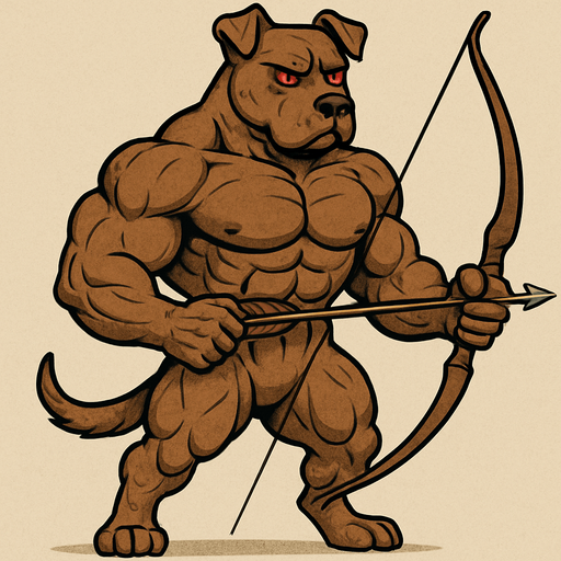 A brown dog that’s really really buff. Full body. Give the dog A bow and arrow. Red eyes.
2D.