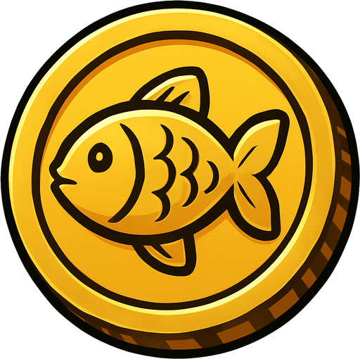 coin image üzerinde balık işareti olan bir madeni para altın renkte.
In-Game asset.  2d.  High contrast.  No shadows