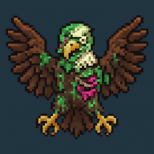 Uma águia zumbi, vista aérea, estilo pixel art.
In-Game asset.  2d.  High contrast.  No shadows