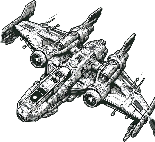 spaceship.
Single Game Texture. In-Game asset. 2d. Blank background. High contrast. No shadows.