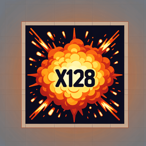 爆炸，里面有“X128”的字样,暖色调.
Single Game Texture. In-Game asset. 2d. Blank background. High contrast. No shadows.