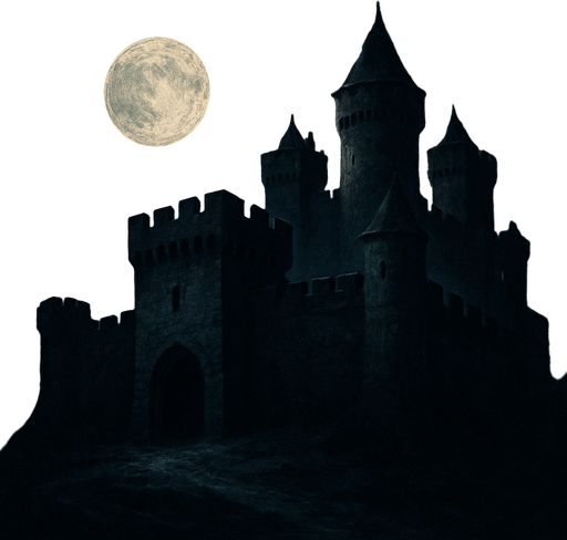 gece yarısı eski ve gerçekçi bir kale resmi.
In-Game asset.  2d.  High contrast