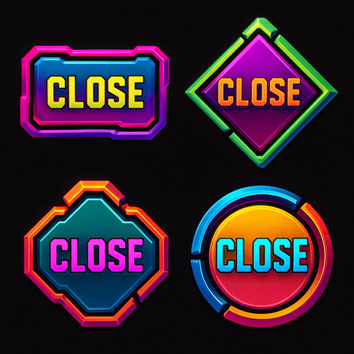 Close buttons random shapes & have text 'Close'. HD colors. Cyberpunk. Abstract. Different colors.
In-Game asset.  2d.  High contrast.  No shadows