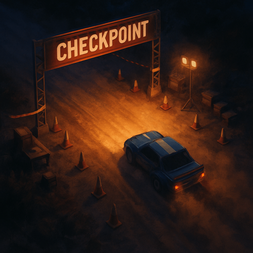 Checkpoint rally rod with dust in night, bird view