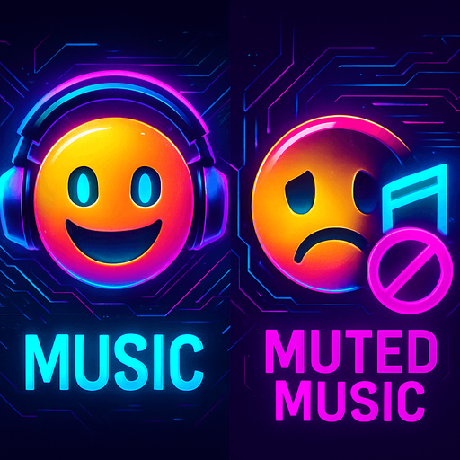 Icons for music & muted music by with emoji have headphone and happy and one doesn't have and sad. HD colors. future. cyberpunk+Abstract.
In-Game asset.  2d.  High contrast.  No shadows