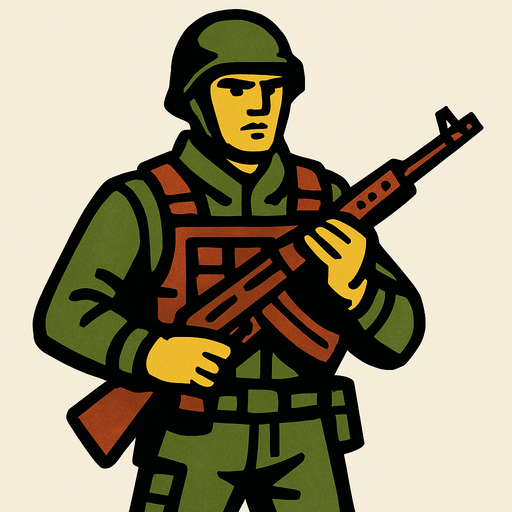 elinde silahı olan bir asker.
In-Game asset.  2d.  High contrast.  No shadows