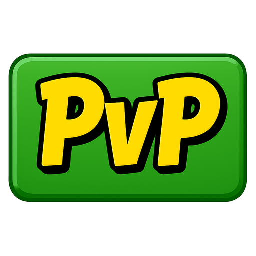 A 3:2 ratio rectangular green button that says “PvP” using this yellow font.