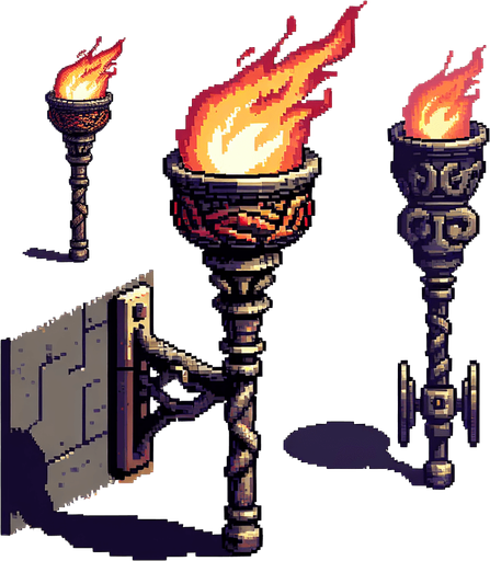 A wall torch. No fire. Pixel art..
Single Game Texture.  In-Game asset.  2d.  Blank background.  High contrast.  No shadows