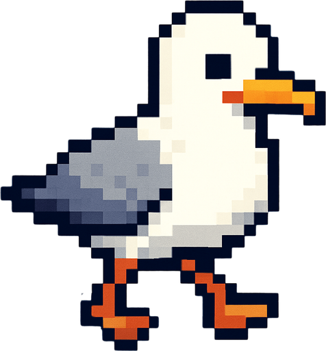 seagull, pixelart, walking down.
In-Game asset.  2d.  High contrast.  No shadows