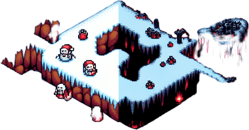 16 bit top view background of a christmas field set in hell Single Game Texture. In-Game asset. 2d. Blank background. High contrast. No shadows.
