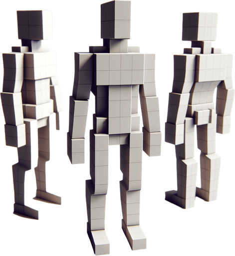 A player with human body but structure like block.
Single Game Texture. In-Game asset. 2d. Blank background. High contrast. No shadows.