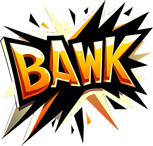 Cartoon-style rectangular speech bubble with a sharp, dynamic outline. Inside the bubble, create the text ‘BAWK’ in bold, vibrant orange-to-yellow gradient lettering, with a thick black jagged shadow for contrast. The text should have a dynamic comic-style font and appear slightly 3D. The bubble should have a sharp tail pointing downward, consistent with comic-style speech bubbles. The intent is that we are shouting "BAWK"..
Single Game Texture.  In-Game asset.  2d.  Blank background.  High contrast.  No shadows