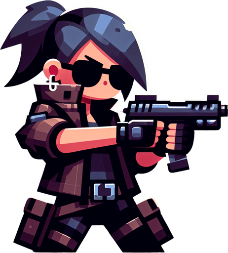 a cool player with gun seeing left size.
Single Game Texture. In-Game asset. 2d. Blank background. High contrast. No shadows.