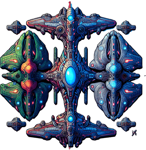 full color fron alien spaceship pack enemiy spacechip pack, frontal view.
vibrant colors Single Game Texture. In-Game asset. 2d. Blank background. High contrast. No shadows. 100px x 50px vertical