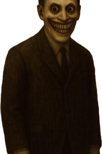 make his head backwards looking to camera and smiles uncanny horror