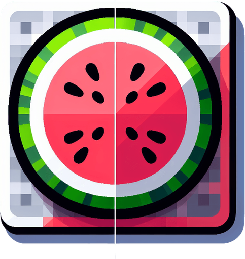 sliced watermelon fruit into two left side one and rightside one.
Single Game Texture.  In-Game asset.  2d.  Blank background.  High contrast.  No shadows