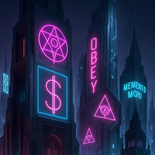 Neon cyberpunk skyscraper occult corporate logos-mixed with dark esoteric sigils capitalist subliminal commands 3d holograms billboards projections brutalist sleek architecture futuristic architecture multidimensional towering city spires glowing