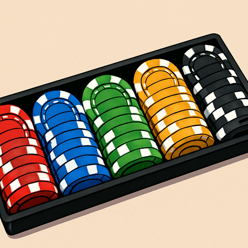A long rack of different colored poker chips seen from above. Anime style..
In-Game asset.  2d.  High contrast.  No shadows