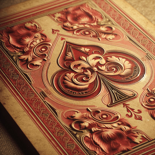 The back of a card. It's a faded red color and features a beautiful gold Edwardian design. The cards look slightly old, as if used for many years..
Single Game Texture. In-Game asset. 2d. Blank background. High contrast. No shadows.
