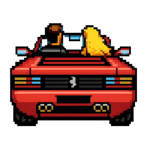 The red car from Out Run, the retro arcade game, vertical, lookip up, pixel. There should be a man driver and a lady with blond hair on the copilot seat
In-Game asset.  2d.  High contrast.  No shadows