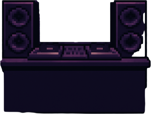 Pixel art background, 2048x2732 resolution, defeat screen for a rhythm game set in a moody bar. Dim lighting, purple and dark tones, empty DJ booth, quiet atmosphere, no characters or text..
In-Game asset.  2d.  High contrast.  No shadows