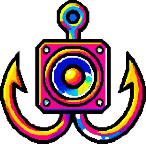 A double sided fishing hook with a small speaker in the center. 80s arcade machine graphics..
In-Game asset.  2d.  High contrast.  No shadows