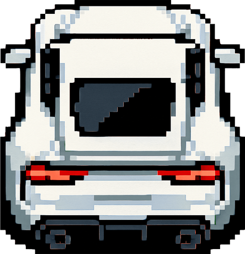un coche blanco deportivo hecho con pixeles con perspectiva desde arriba de la parte trasera.
In-Game asset.  2d.  High contrast.  No shadows