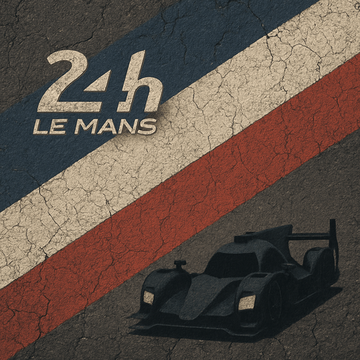 Photorealistic, high textured menu wallpapper about Le Mans 24H racing with  diagonal thick darkblue, white, red stripes on a Cracked asphalt racetrack top view.
There is a dark prototype racing car siluette In the down right corner of the menu.