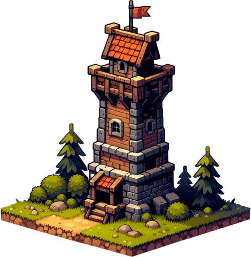create a tower  in  a tower defense game.
Single Game Texture. In-Game asset. 2d. Blank background. High contrast. No shadows.