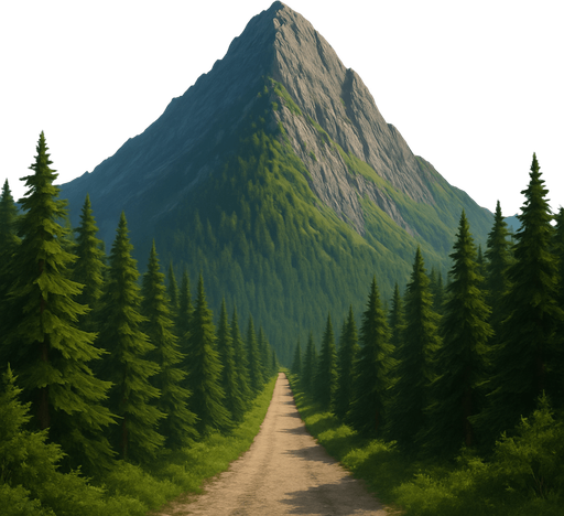 hyper realistic nature too reallistic proffational blue sky white clouds yellow sun an over realistic mountain view with full of trees and sun and clouds view a forest of a mountain challangeing mountain road. No background.cool background. view background. No shadows. 2d. In-Game asset. flat