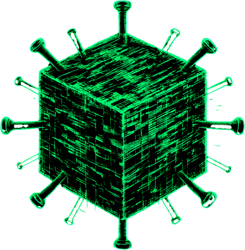 massive cube-shaped virus, distorted glitch surfaces, holographic data streams, topdown view, green and black colors, digital corruption texture, symmetrical, circular.
In-Game asset.  2d.  High contrast.  No shadows
