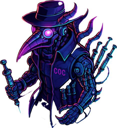 Neon cyberpunk anime top down isometric animatronic plague doctor cyborg demon medic CDC corporate robot monster disease pestilence medicine syringes