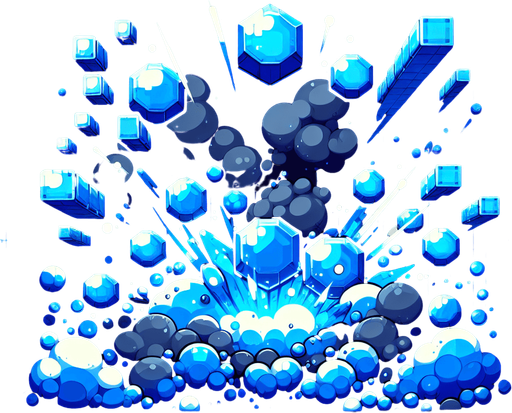 epic blue 16 bit bubble pieces explode.
Single Game Texture.  In-Game asset.  2d.  Blank background.  High contrast.  No shadows