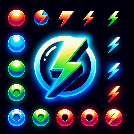 A glowing, floating power-up icon shaped like a lightning bolt, rotating in mid-air. Colors include blue, green, and red variants.".
Single Game Texture.  In-Game asset.  2d.  Blank background.  High contrast.  No shadows