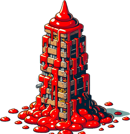 a tower made out of ketchup.
Single Game Texture. In-Game asset. 2d. Blank background. High contrast. No shadows.
