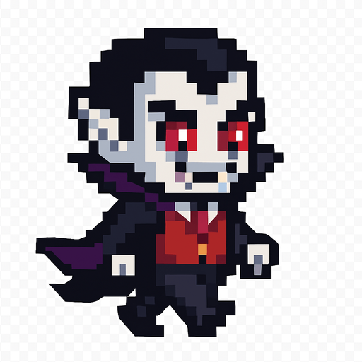 El vampiro debe ser un personaje pequeño y estilizado en estilo pixel art, con piel pálida o gris clara, ojos rojos o morados brillantes, colmillos visibles en una leve sonrisa y una capa negra o púrpura que se mueva ligeramente al caminar; debe llevar un traje elegante con chaleco rojo, camisa blanca y pantalones oscuros, y tener el clásico peinado de viuda con cabello negro bien marcado; su expresión puede ser confiada o misteriosa, y la animación puede incluir un leve flote o agitación de la capa; todo debe ser caricaturesco y simpático, sin parecer aterrador, con fondo transparente para integrarse en un juego casual o fantástico..
In-Game asset.  2d.  High contrast.  No shadows