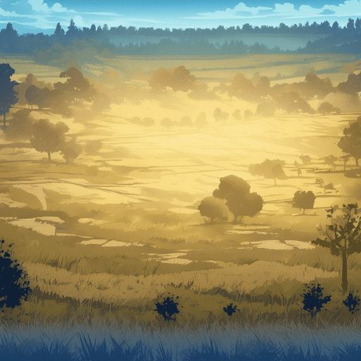 Remove dithering and blur and use instead crisp areas using five tone shading from vector art. No changes to the content of the image: it's still an empty battlefield meadow with a few trees along the edges.