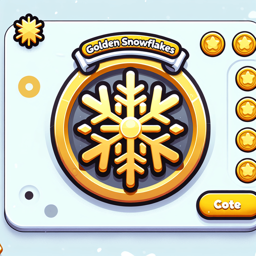 icon for a golden snowflake, on a circle, on the top is the text: "golden snowflakes" cartoon Single Game Texture. In-Game asset. 2d. Blank background. High contrast. No shadows.