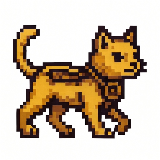 Pixel art orta çağ tarzında sarı yürüyen bir kedi beyaz arka planlı..
In-Game asset.  2d.  High contrast.  No shadows