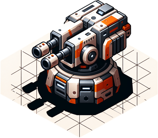 turret.
Single Game Texture. In-Game asset. 2d. Blank background. High contrast. No shadows.
less futuristic orange and silver colored shoots normal bullets two rifles