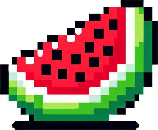8 bit watermelon slice no shadows.
Single Game Texture. In-Game asset. 2d. Blank background. High contrast. No shadows.