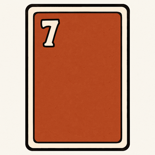 Rectangular card numbered 7, with a white border around it and a terracotta background..
In-Game asset.  2d.  High contrast.  No shadows